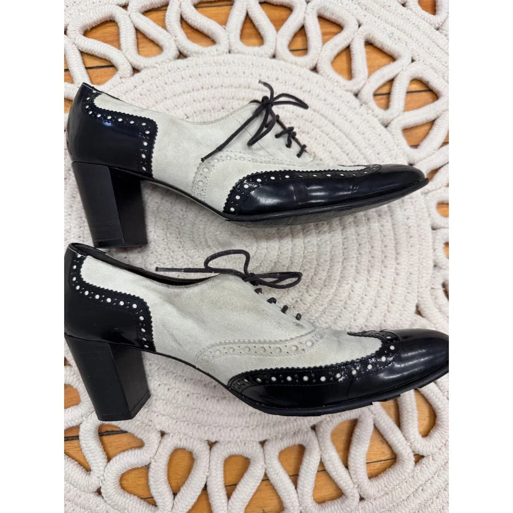 Robert Clergerie Paris Wingtip Brogue Shoes Black Cream Leather Lace Up Sz 10‎